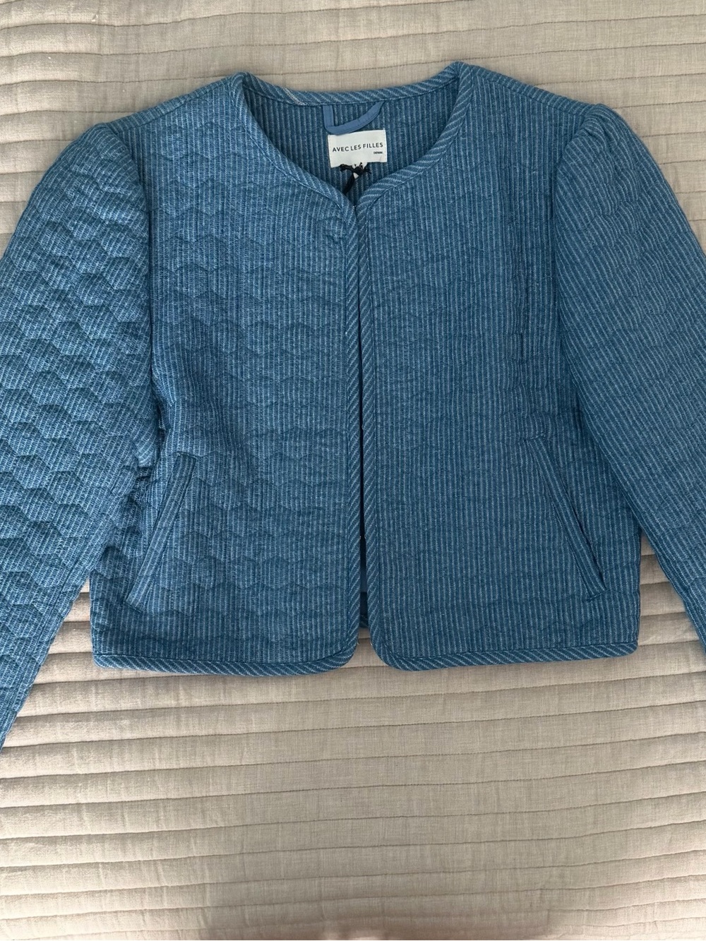 Avec Les Filles Denim Blue Quilted Crop Blazer